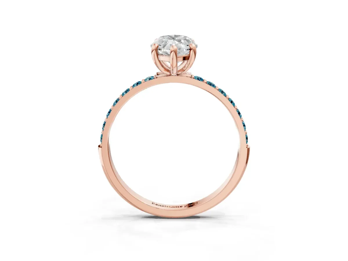 Marquise Cut Diamond Solitaire Ring with Round Blue Topaz Pavé Band and Prong Setting Rose gold
