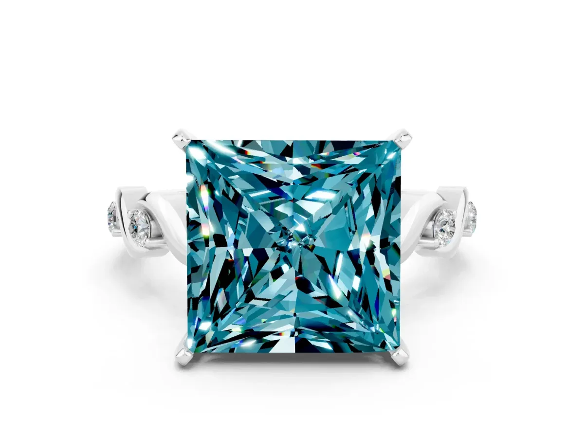 Princess Cut Blue Topaz Solitaire Twisted Band with Round Accents and Prong Setting White gold