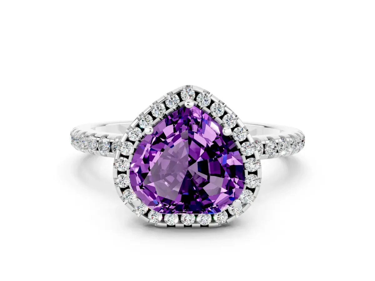Heart Cut Amethyst Halo Engagement Ring with Round Pavé Band and Prong Setting Platinum