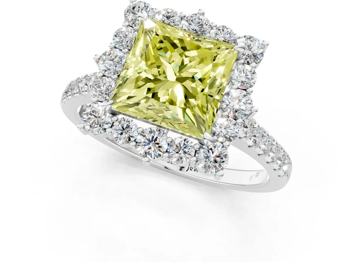 Fancy Yellow Princess Cut Halo Diamond Ring with Pavé Band and Prong Setting White gold