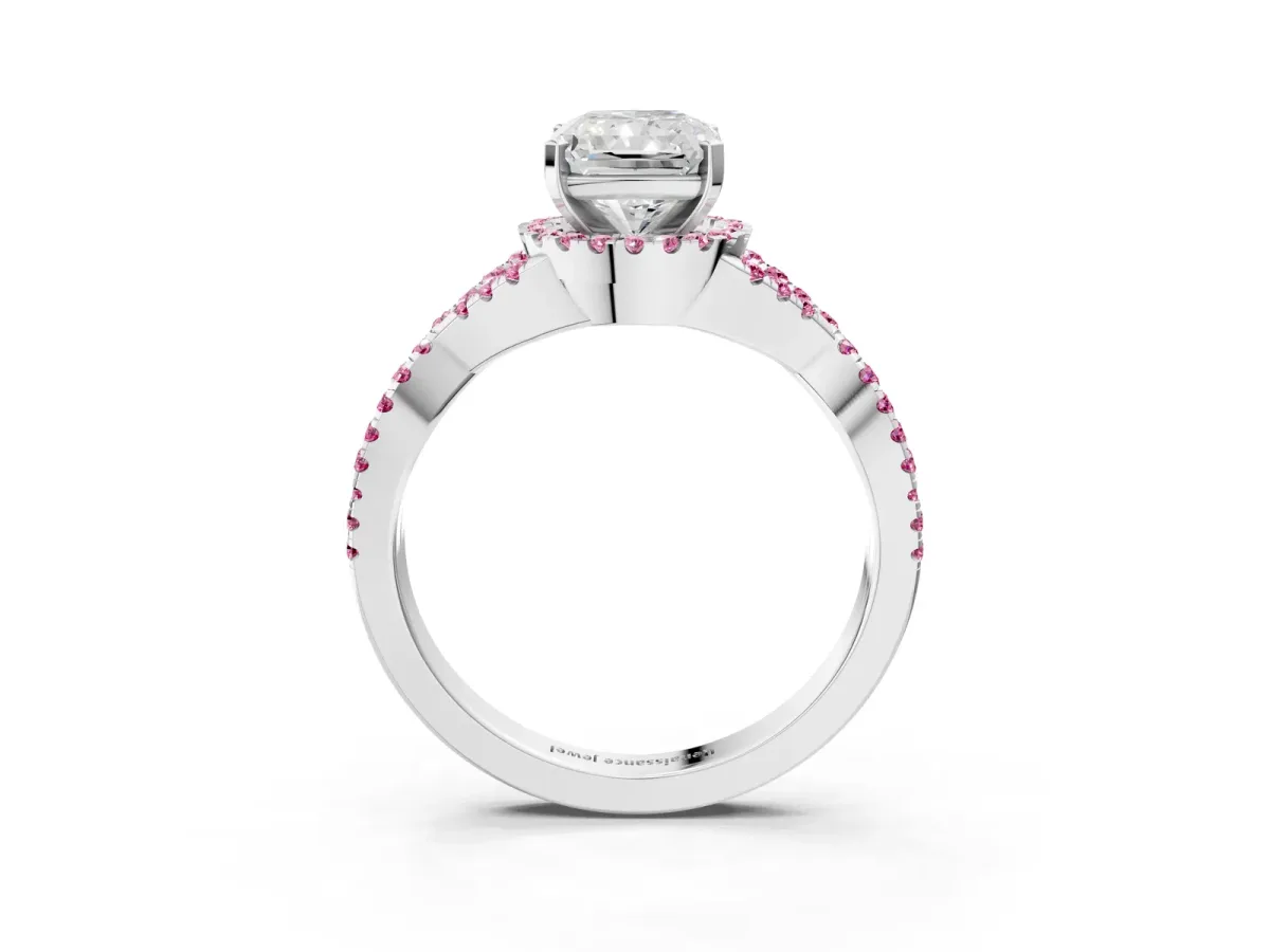 Radiant Cut Diamond Pink Sapphire Halo Twist Band Solitaire Prong Setting Ring White gold