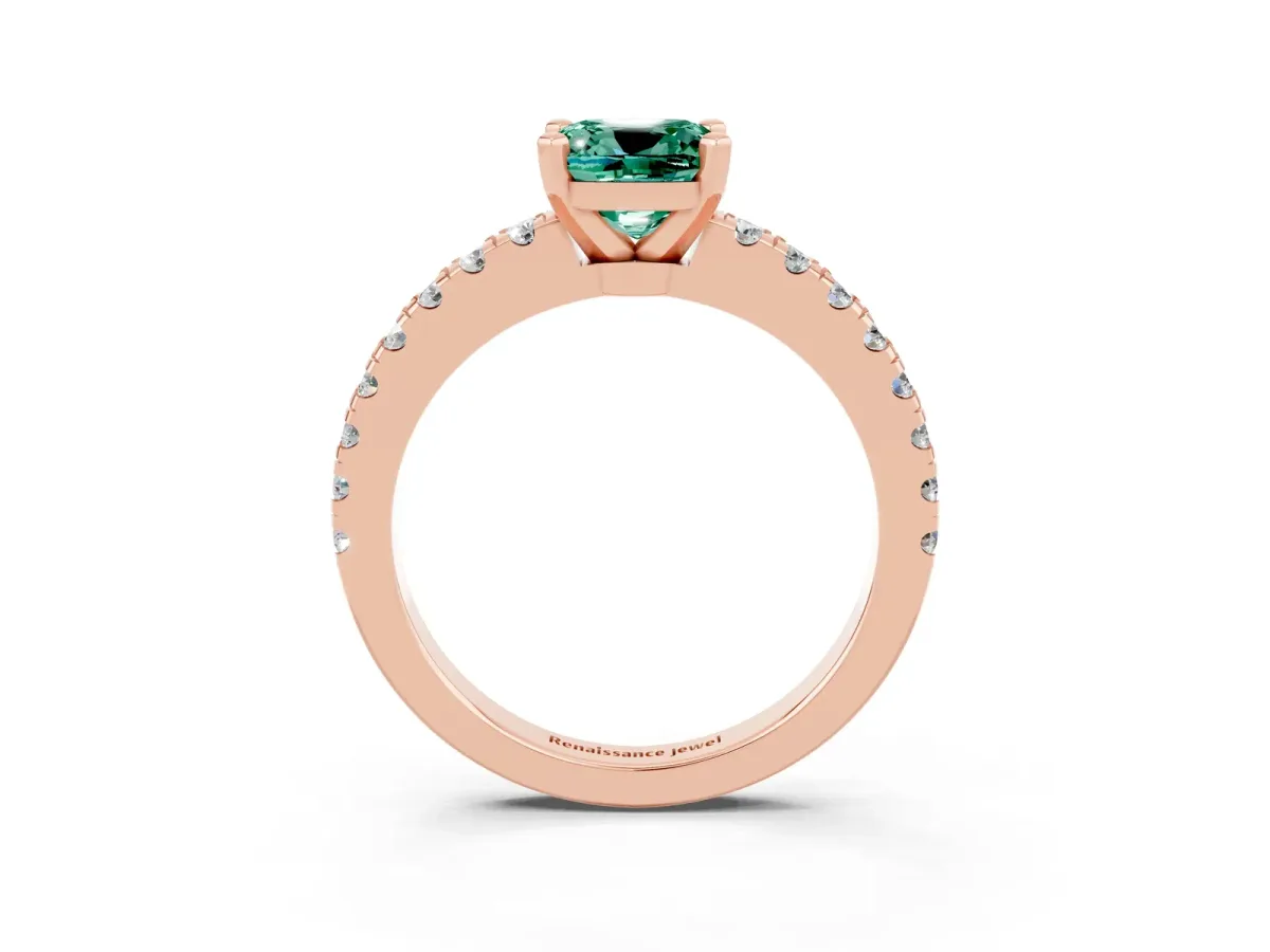 Cushion Cut Solitaire Green Sapphire with Pavé Band and Four-Prong Setting Rose gold
