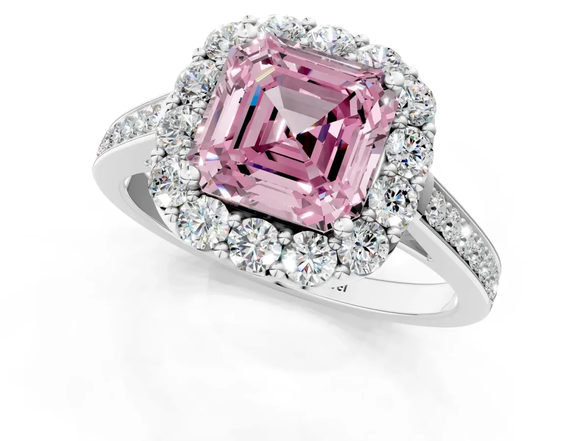 Fancy Pink Asscher Cut Diamond Floral Halo Ring with Pavé Band and Prong Setting Platinum