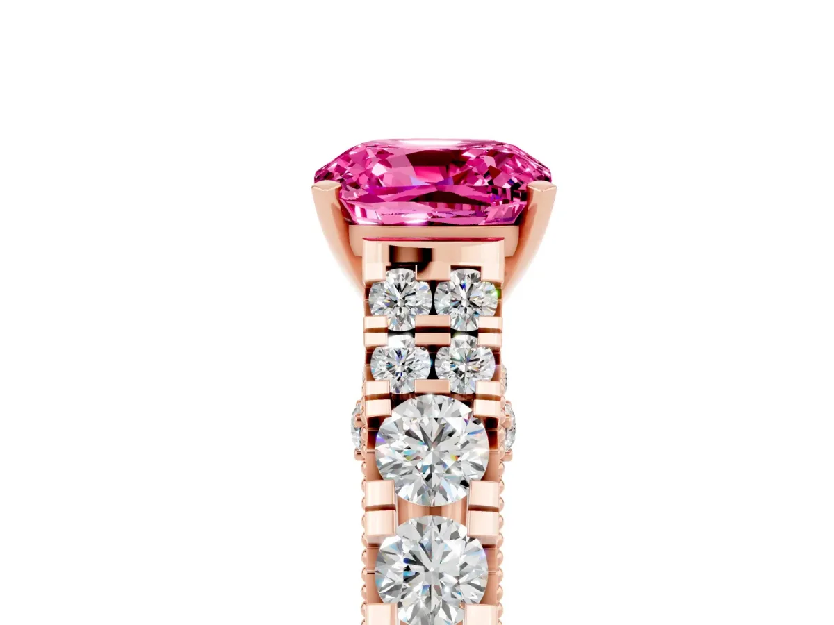 Cushion Cut Pink Sapphire Classic Solitaire Ring with Pavé Band and Four-Prong Setting Rose gold