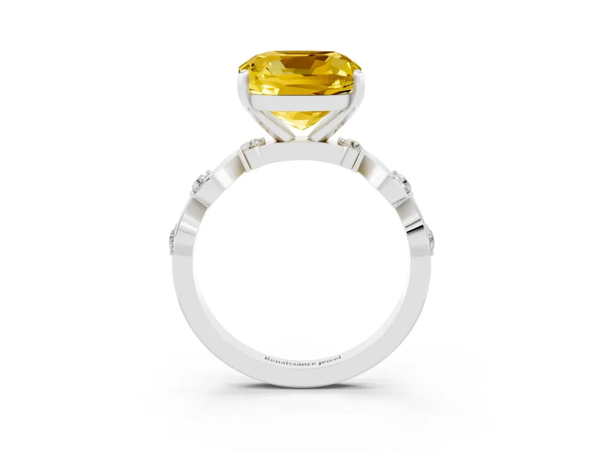 Cushion Cut Yellow Sapphire Solitaire Twisted Band with Round Accents and Prong Setting Platinum