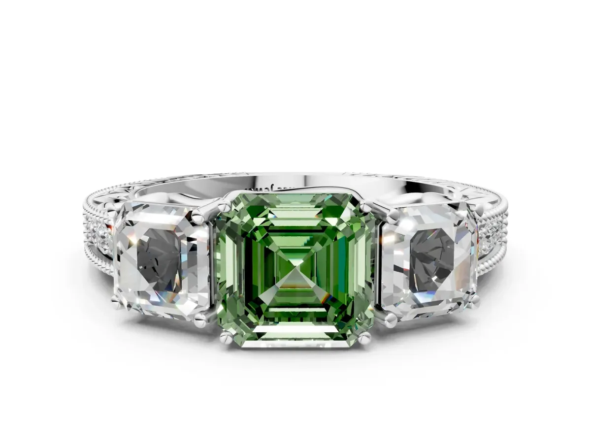 Fancy Green Three-Stone Asscher Cut Cut Milgrain Pavé Engagement Ring Platinum