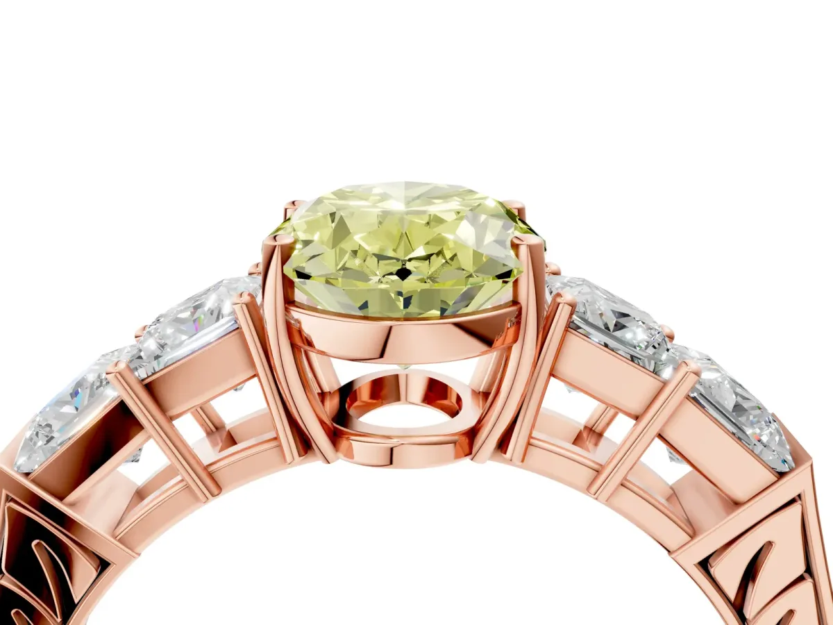 Fancy Yellow Oval Cut Solitaire Princess Side Stone Engraved Band Prong Setting Ring Rose gold