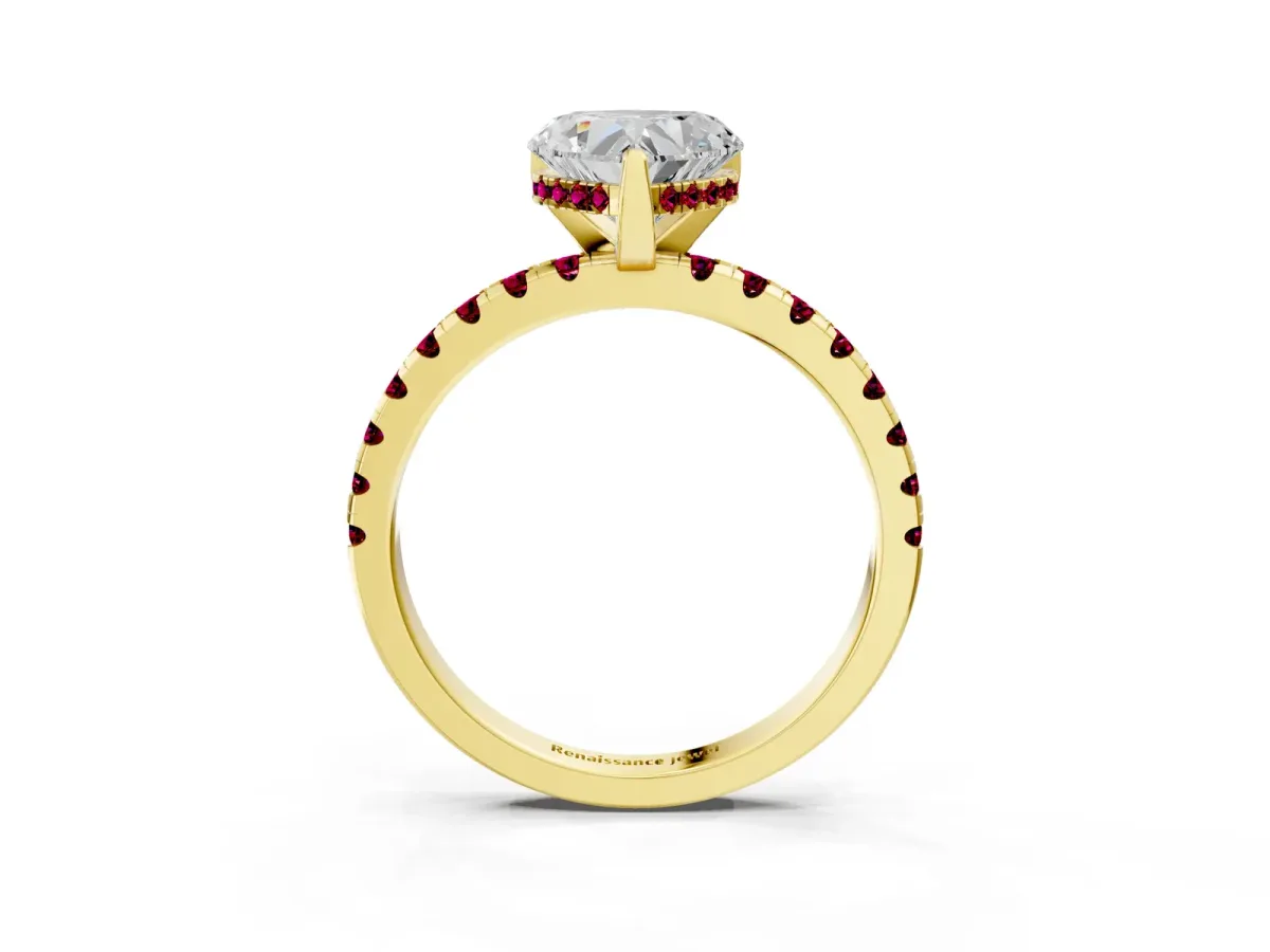 Heart Cut Diamond Solitaire Ring with Round Garnet Pavé Band and Four-Prong Setting Yellow gold