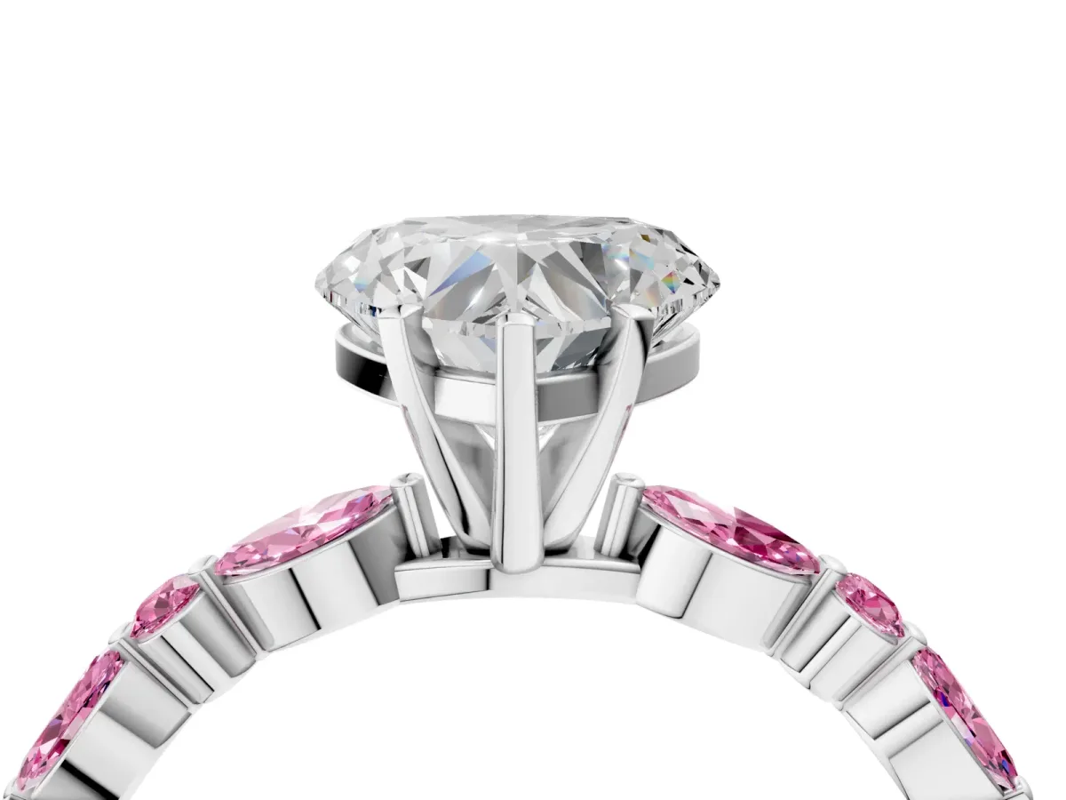 Heart Cut Diamond Ring with Marquise and Round Pink Sapphire Side Stones and Four-Prong Setting Platinum