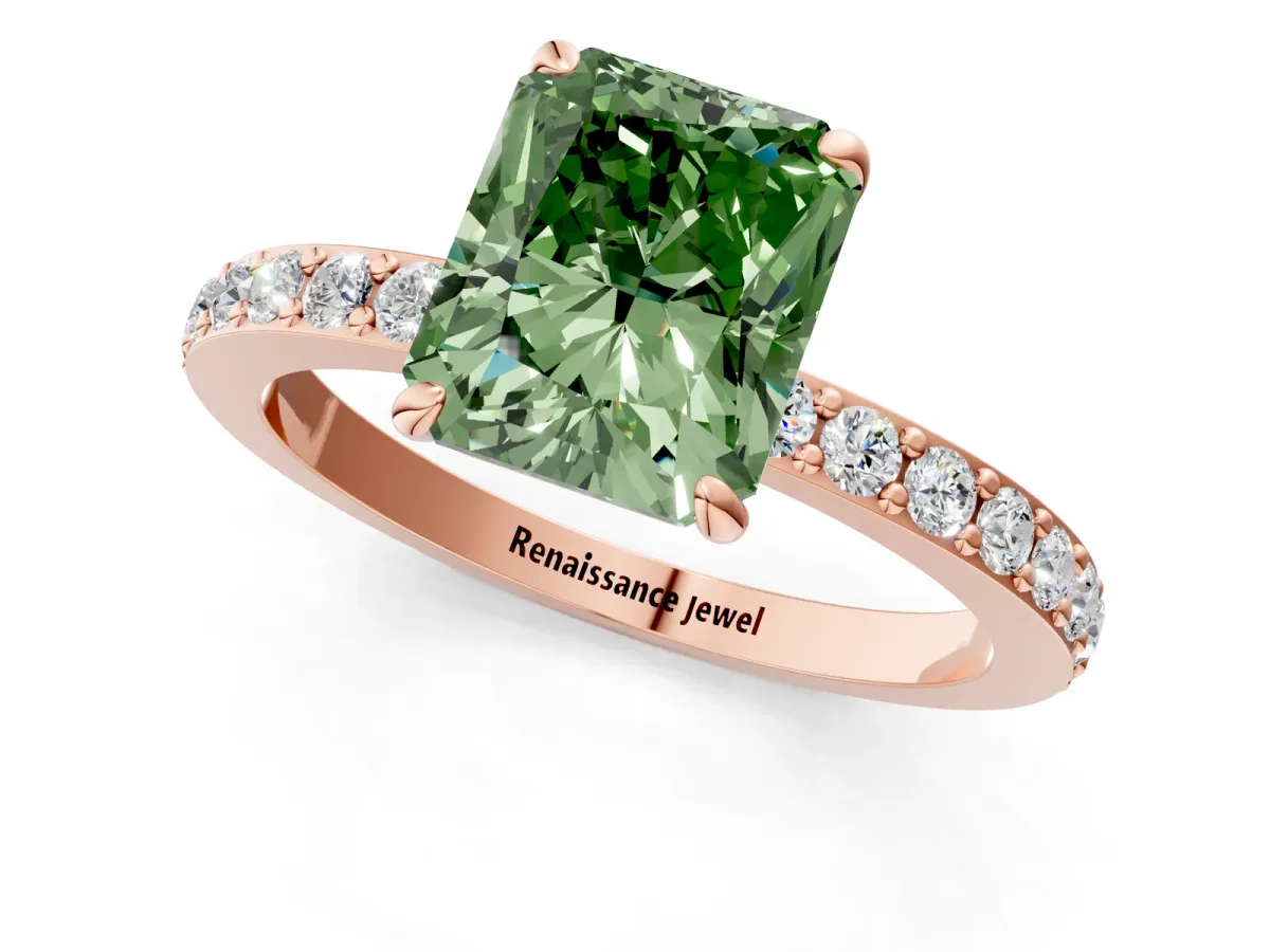 Fancy Green Radiant Cut Diamond Solitaire Engagement Ring with Pavé Band and Four-Prong Setting Rose gold