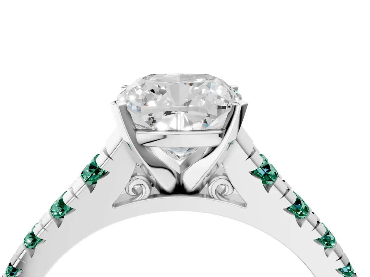 Cushion Cut Diamond Cathedral Solitaire Ring with Round Green Sapphire Pavé Band White gold