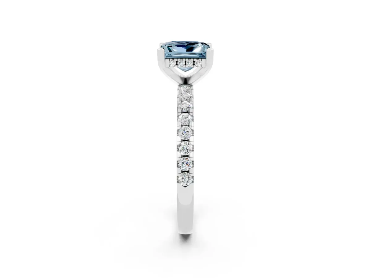 Princess Cut Aquamarine Solitaire Ring with Round Pavé Band and Four-Prong Setting White gold
