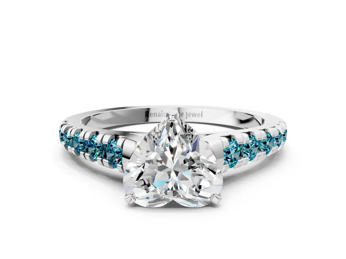 Heart Cut Diamond Cathedral Solitaire Ring with Round Blue Topaz Pavé Band White gold