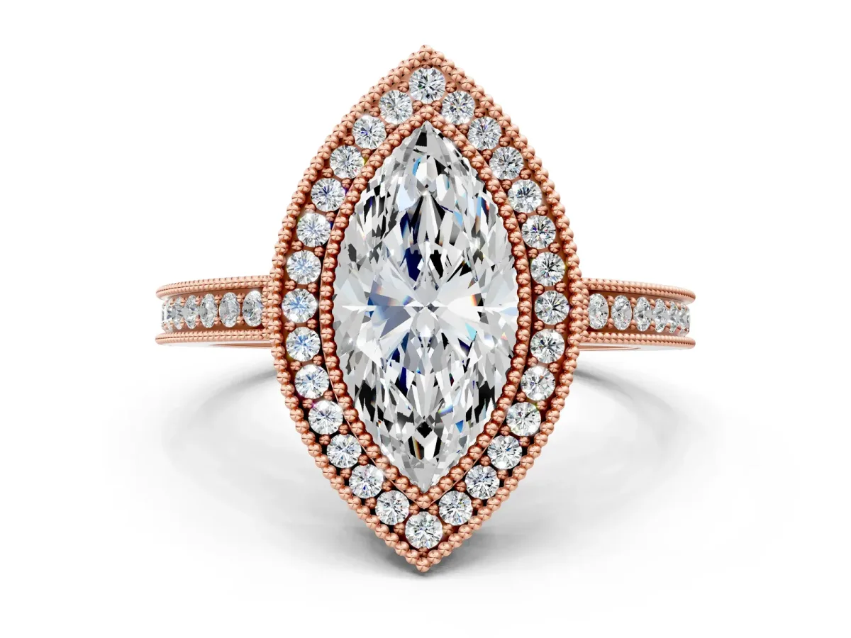 Marquise Cut Cut Halo Diamond Ring with Pavé Band and Milgrain Prong Setting Rose gold