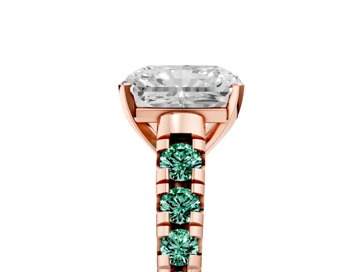 Radiant Cut Diamond Cathedral Solitaire Ring with Round Green Sapphire Pavé Band Rose gold