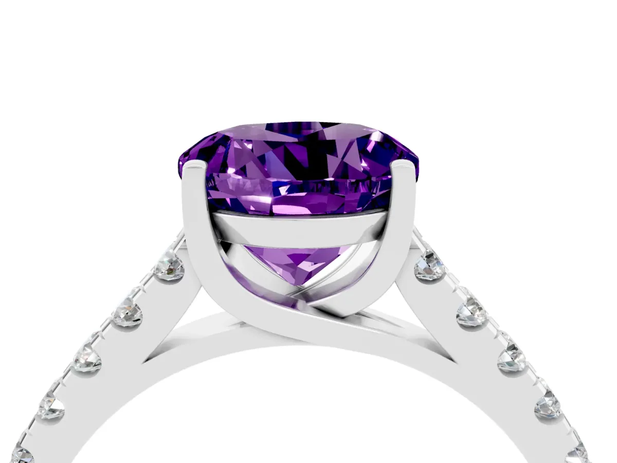 Round Cut Amethyst Pavé Band Solitaire Ring with Prong Setting White gold