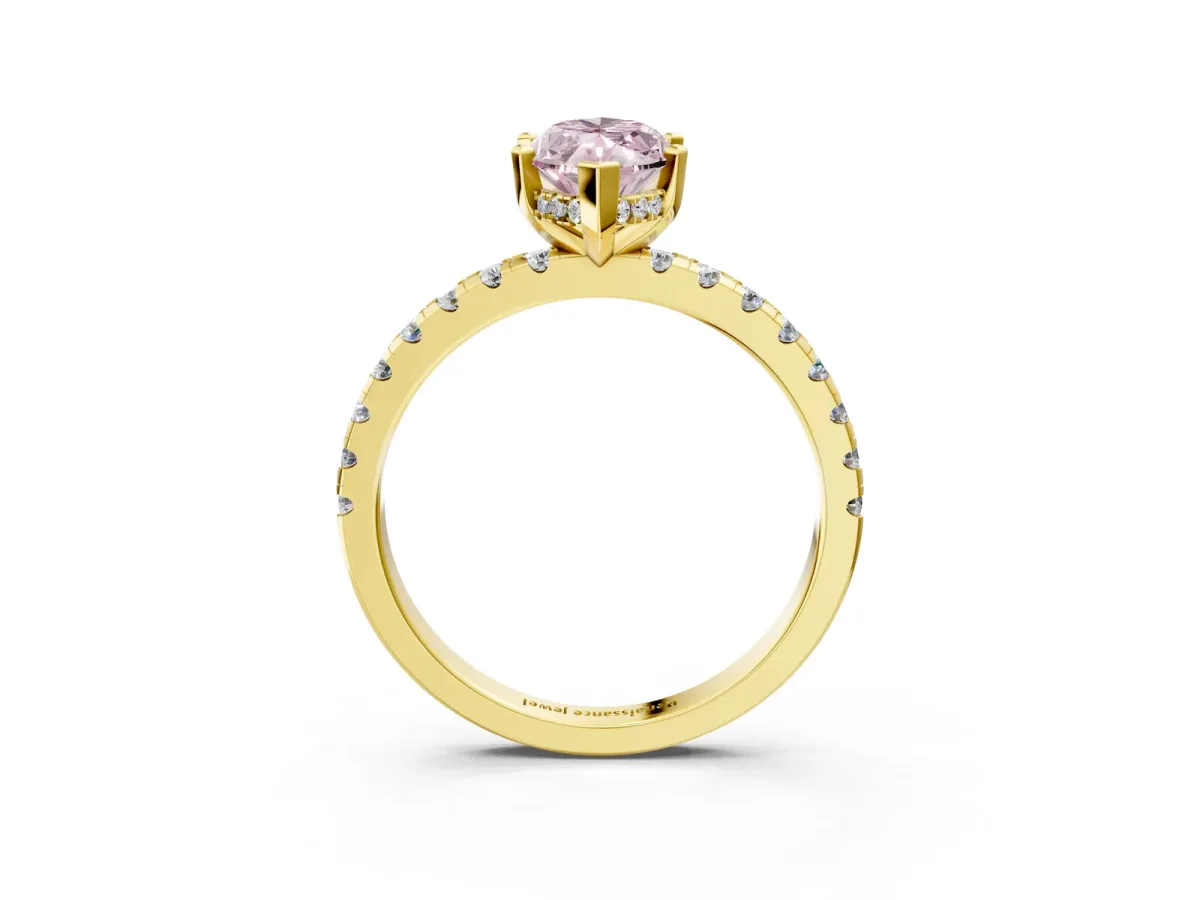 Fancy Pink Marquise Cut Diamond Solitaire Ring with Round Pavé Band and Four-Prong Setting Yellow gold