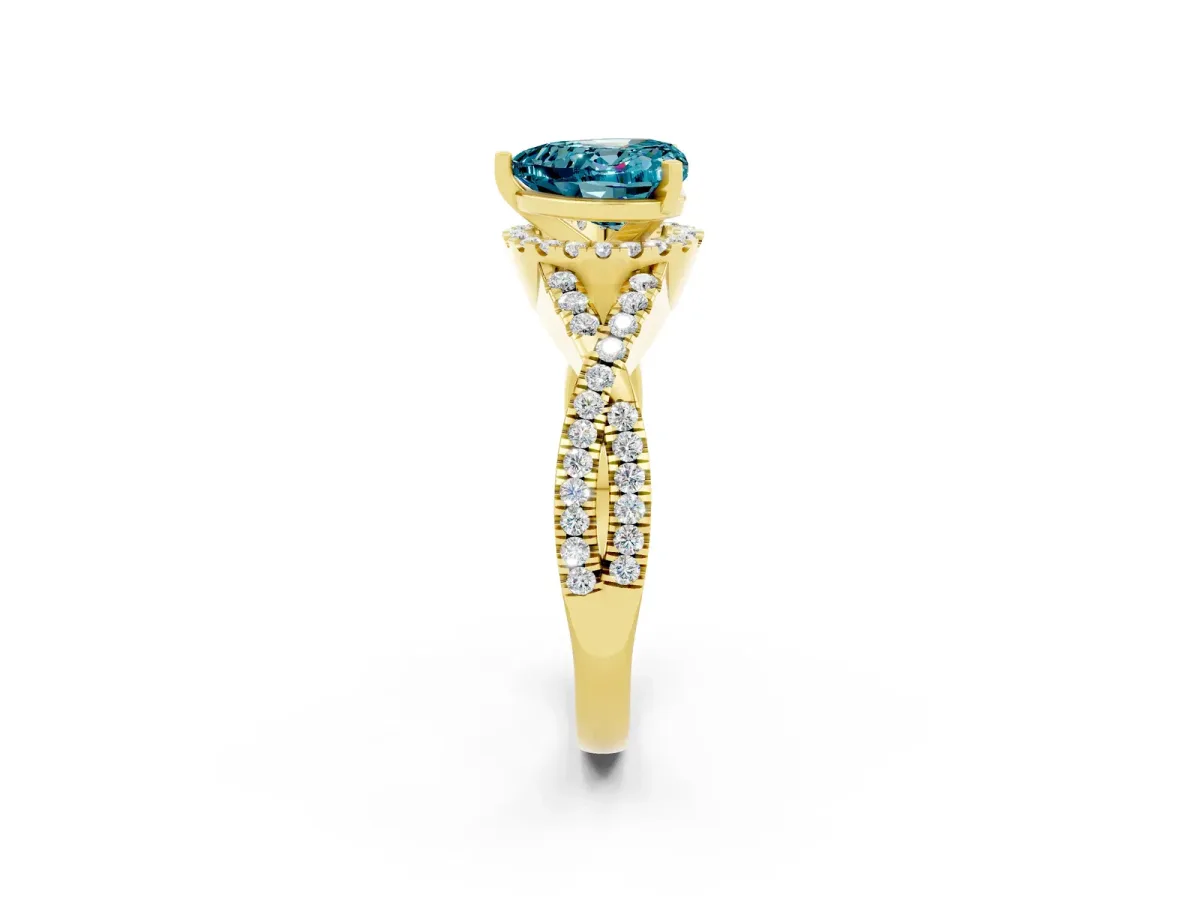 Heart Cut Blue Topaz Halo Twist Band Solitaire Prong Setting Ring Yellow gold