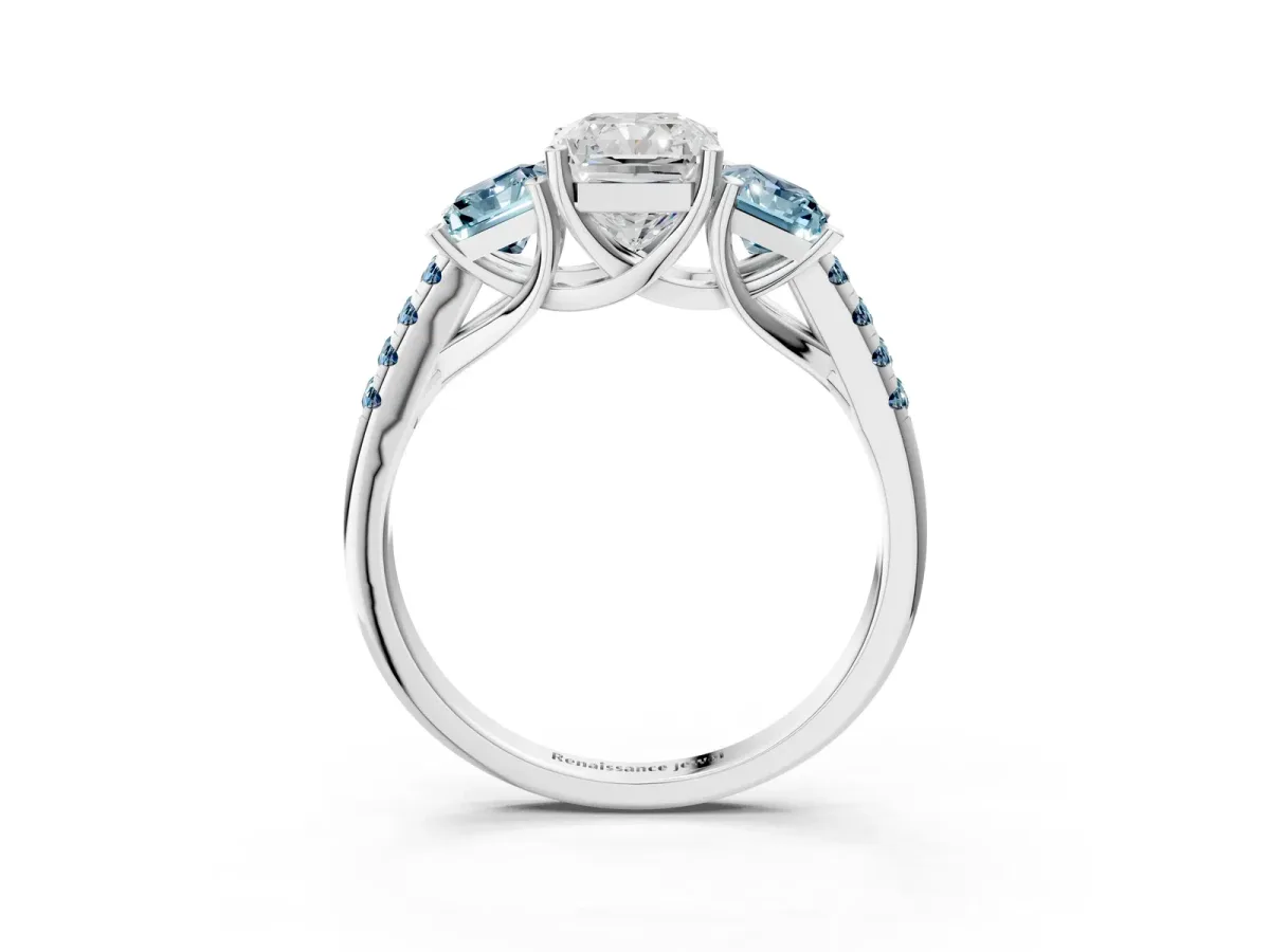Three-Stone Radiant Cut Diamond Ring with Round Aquamarine Pavé Band and Prong Setting White gold