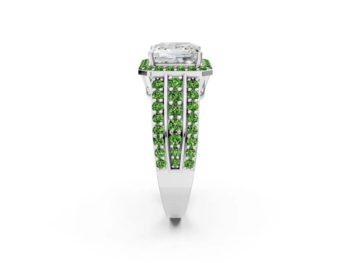 Princess Cut Halo Diamond Ring with Round Peridot Split Shank and Prong Setting White gold