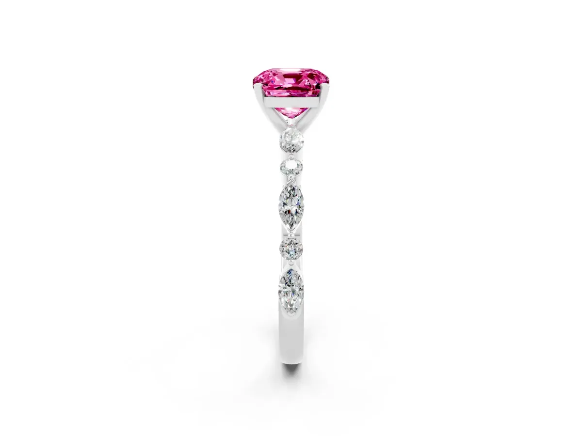 Cushion Cut Pink Sapphire Ring with Marquise and Round Side Stones and Four-Prong Setting White gold