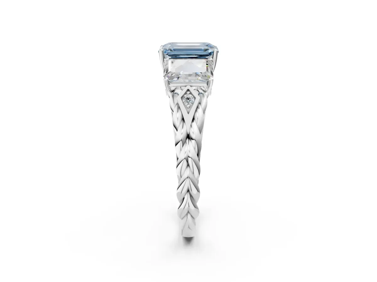 Fancy Blue Three-Stone Emerald Cut Diamond Braided Band Ring with Four-Prong Setting Silver