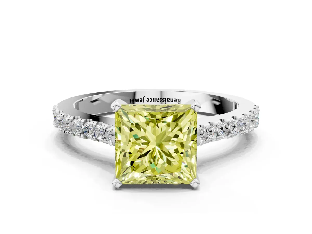 Fancy Yellow Princess Cut Cut Solitaire Diamond Engagement Ring with Pave Band and Four-Prong Setting White gold