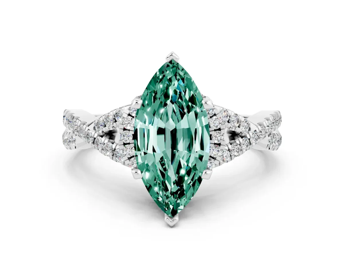 Marquise Cut Green Sapphire Halo Twist Band Solitaire Prong Setting Ring White gold