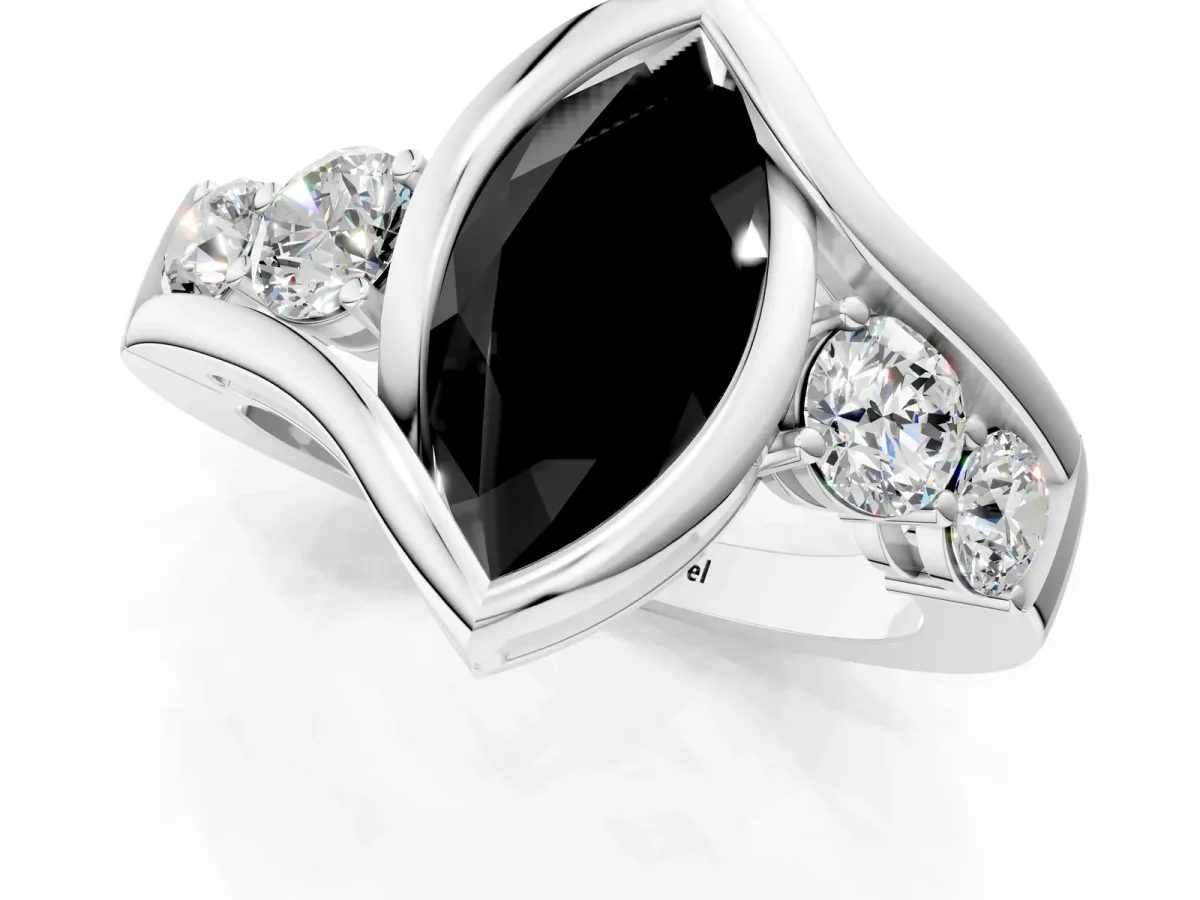 Fancy Black Bezel Set Marquise Cut Diamond Bypass Ring with Round Accents Silver