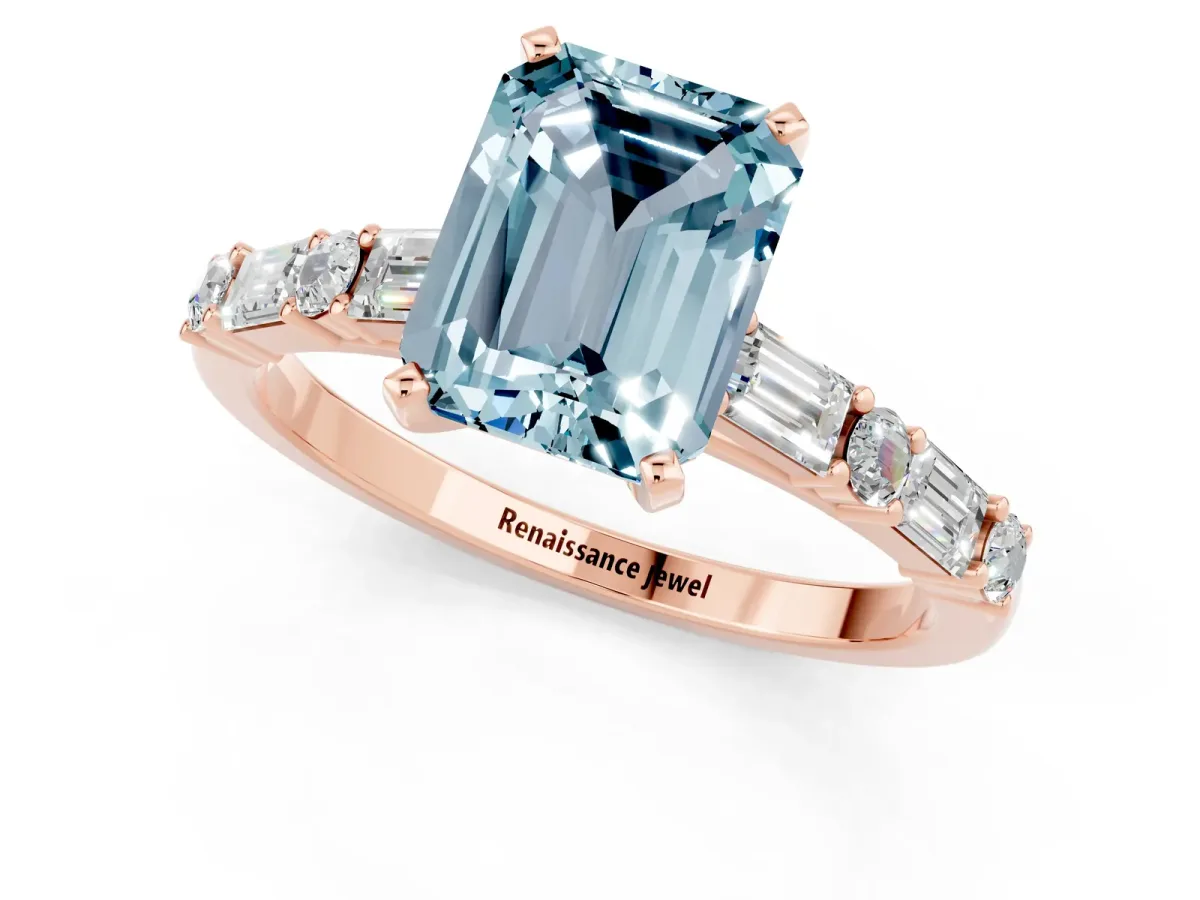 Emerald Cut Aquamarine Solitaire with Side Baguettes and Channel Set Band Rose gold