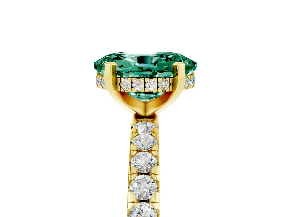 Oval Cut Green Sapphire Solitaire Ring with Round Pavé Band and Four-Prong Setting Yellow gold