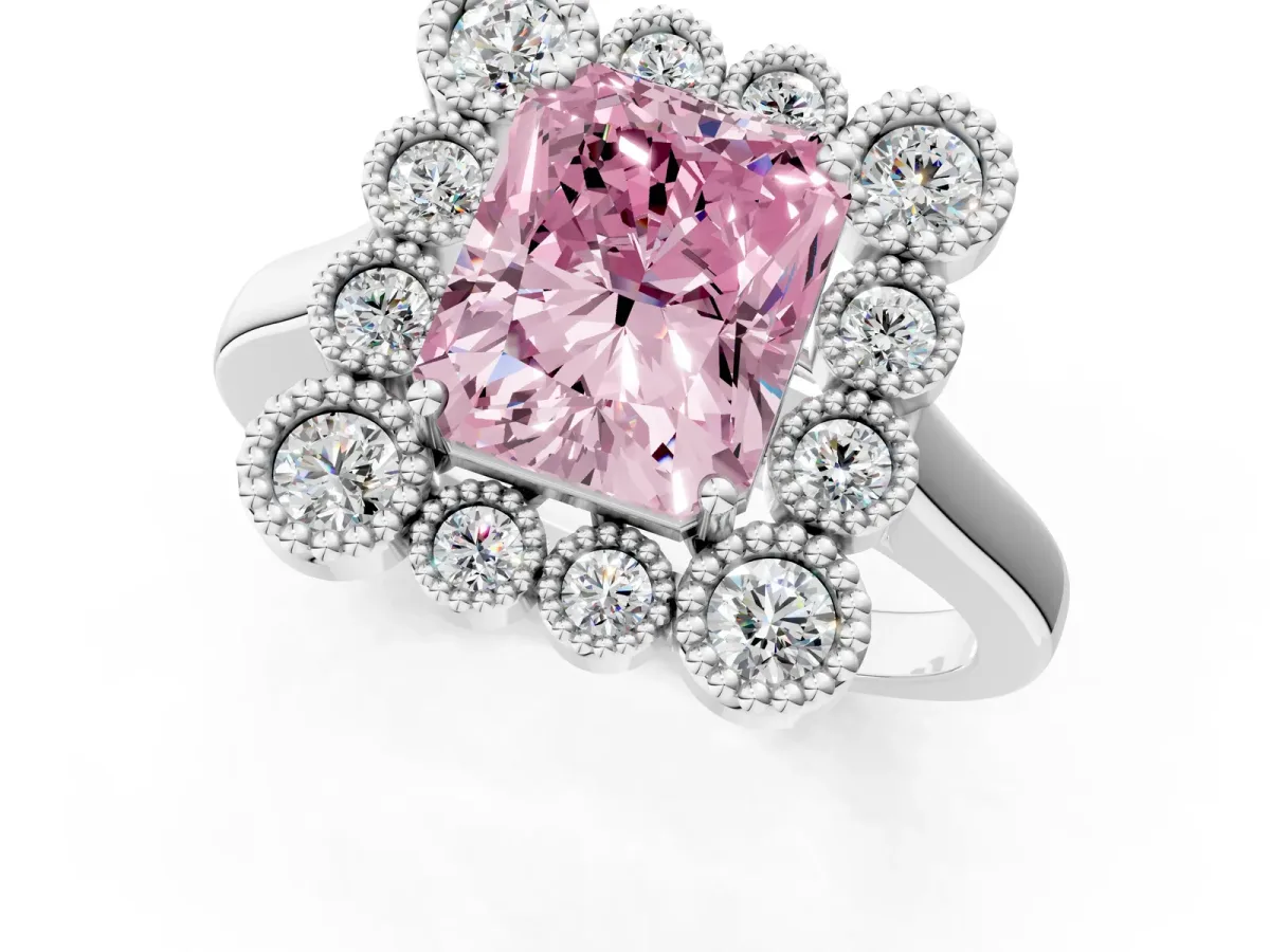 Fancy Pink Radiant Cut Halo Diamond Cluster Engagement Ring with Milgrain Bezel Setting and Solitaire Band Platinum