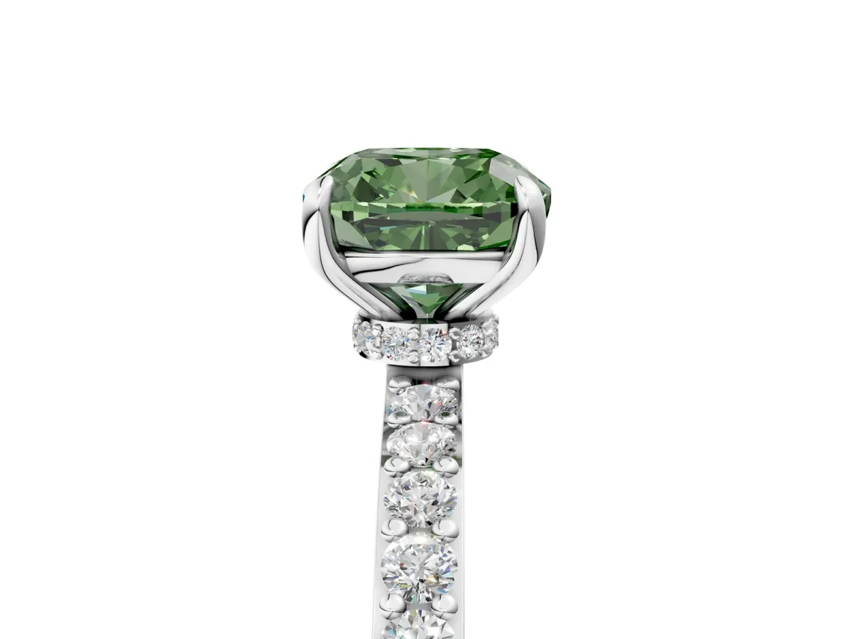 Fancy Green Cushion Cut Diamond Solitaire Engagement Ring with Pavé Band and Four-Prong Setting White gold