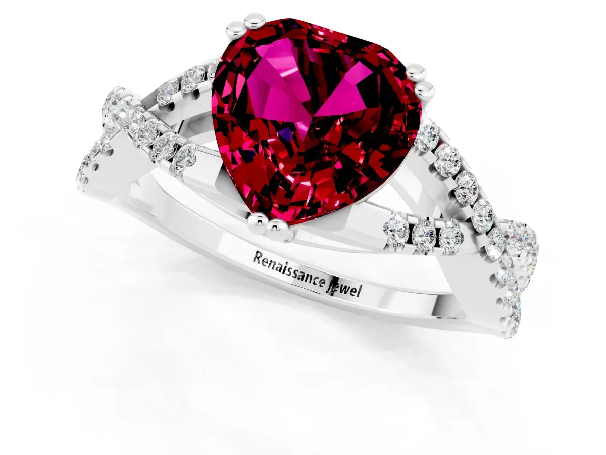 Heart Cut Garnet Solitaire Ring with Four-Prong Setting and Twisted Pavé Band Silver