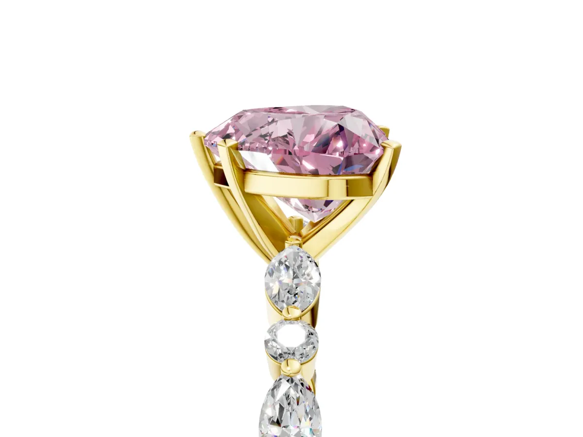 Fancy Pink Heart Cut Diamond Ring with Marquise and Round Side Stones and Four-Prong Setting Yellow gold