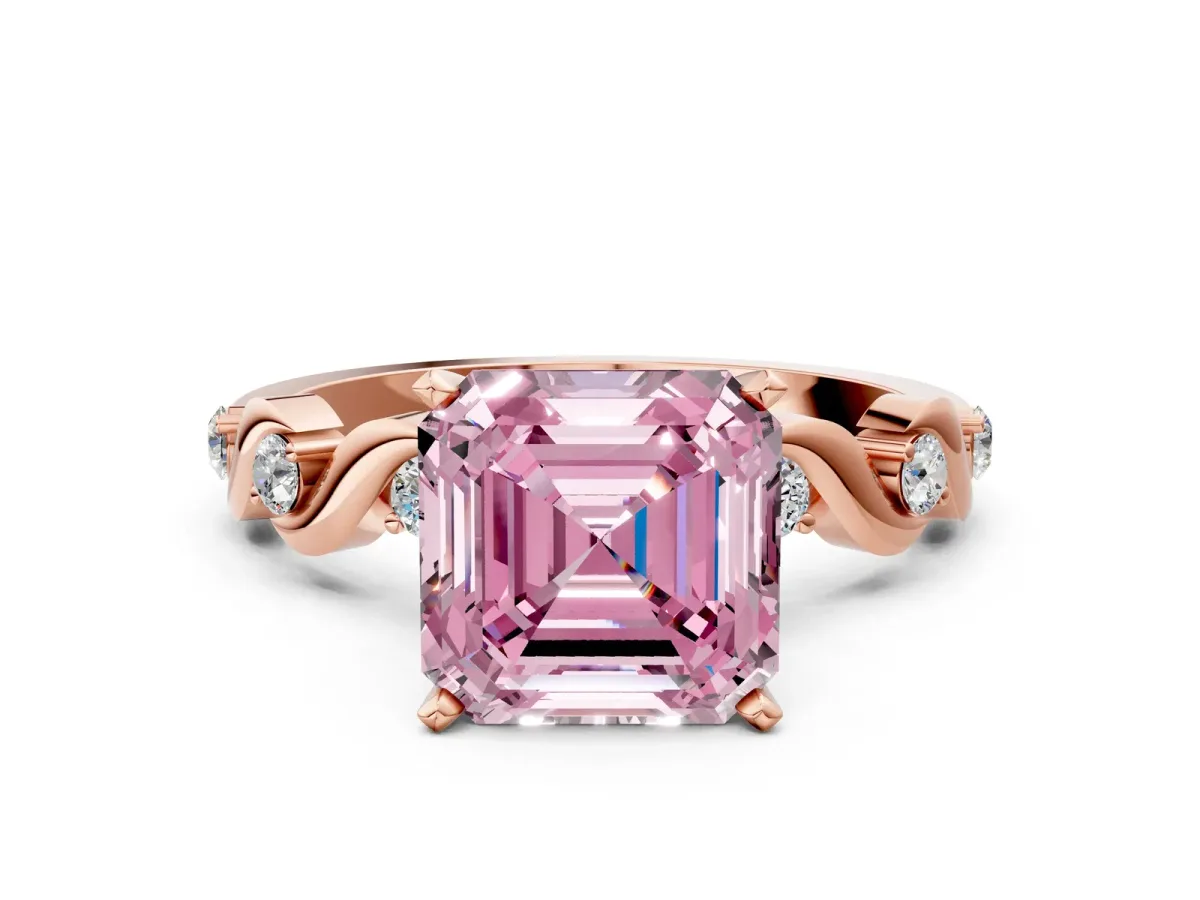 Fancy Pink Asscher Cut Diamond Solitaire Twisted Band with Round Accents and Prong Setting Rose gold