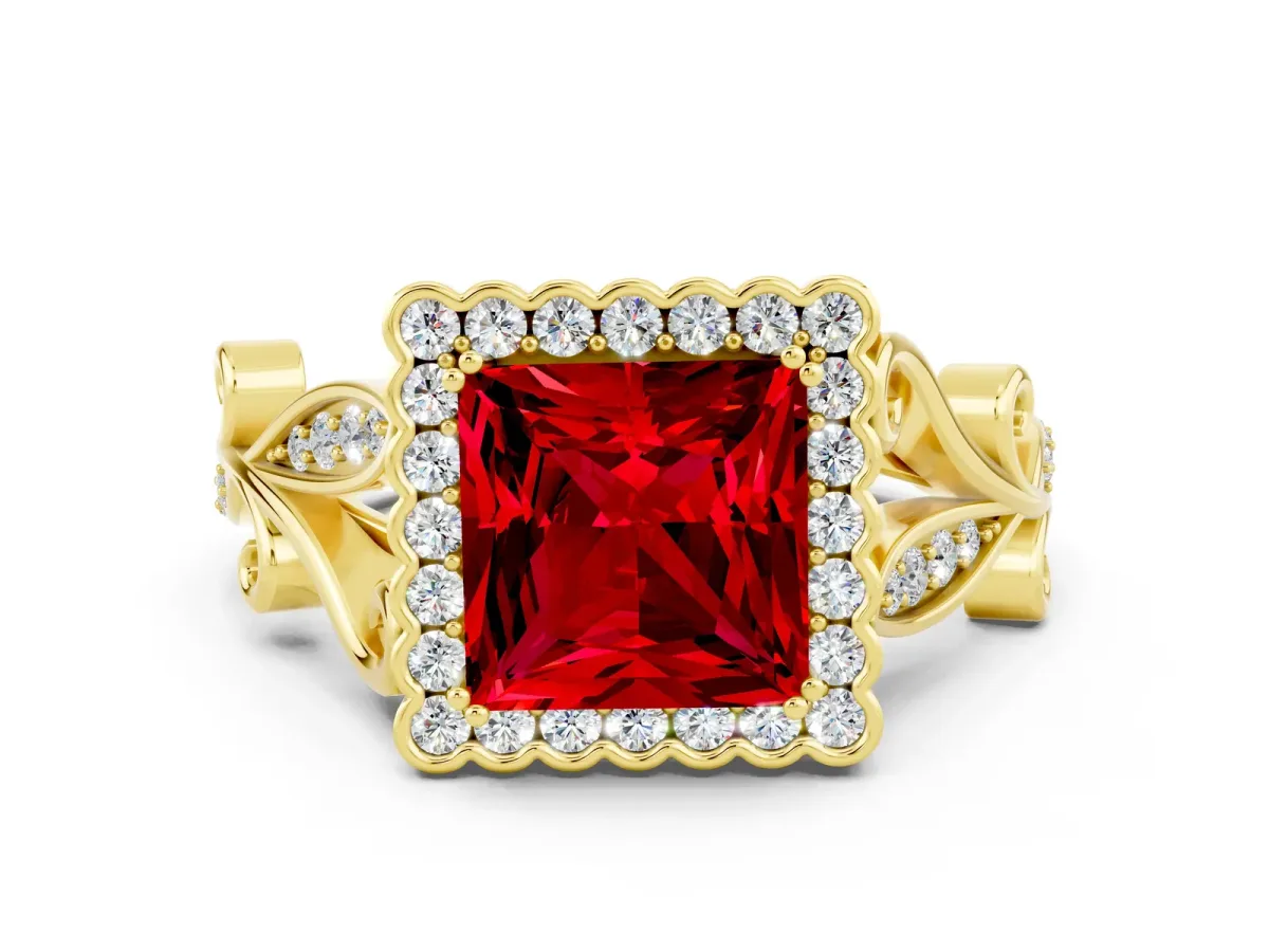 Princess Cut Ruby Halo Ring with Vintage Split Shank and Four-Prong Setting Yellow gold