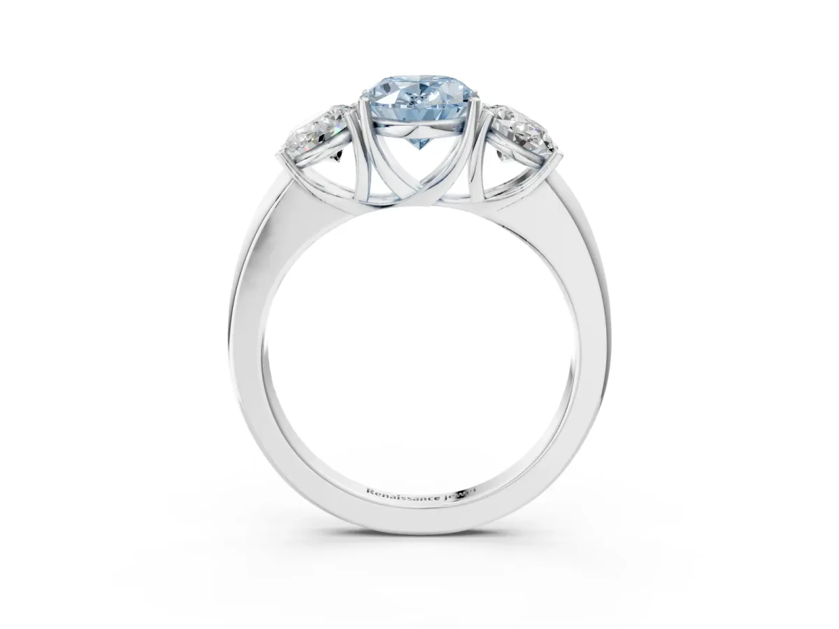 Fancy Blue Oval Cut Diamond Three-Stone Ring with Four-Prong Setting and Classic Band White gold
