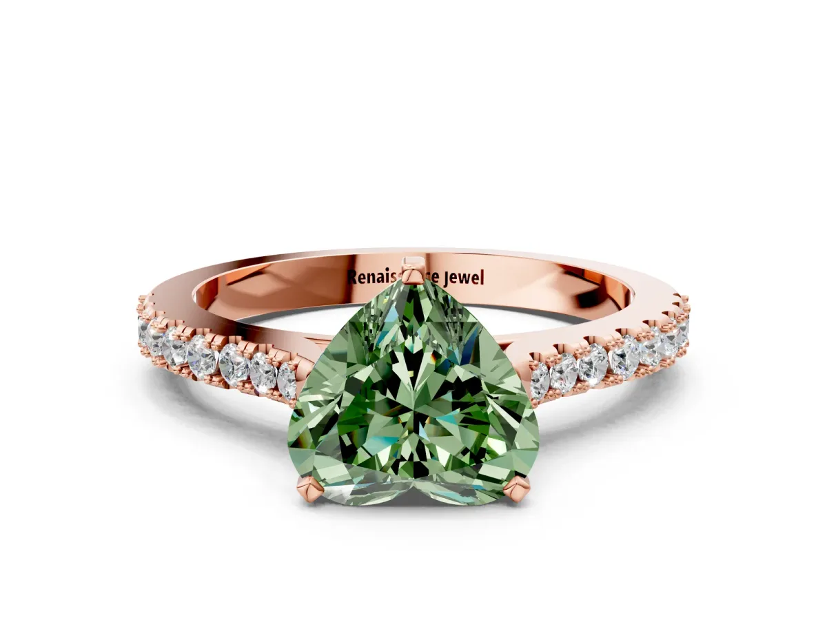 Fancy Green Heart Cut Cut Solitaire Diamond Engagement Ring with Pave Band and Four-Prong Setting Rose gold