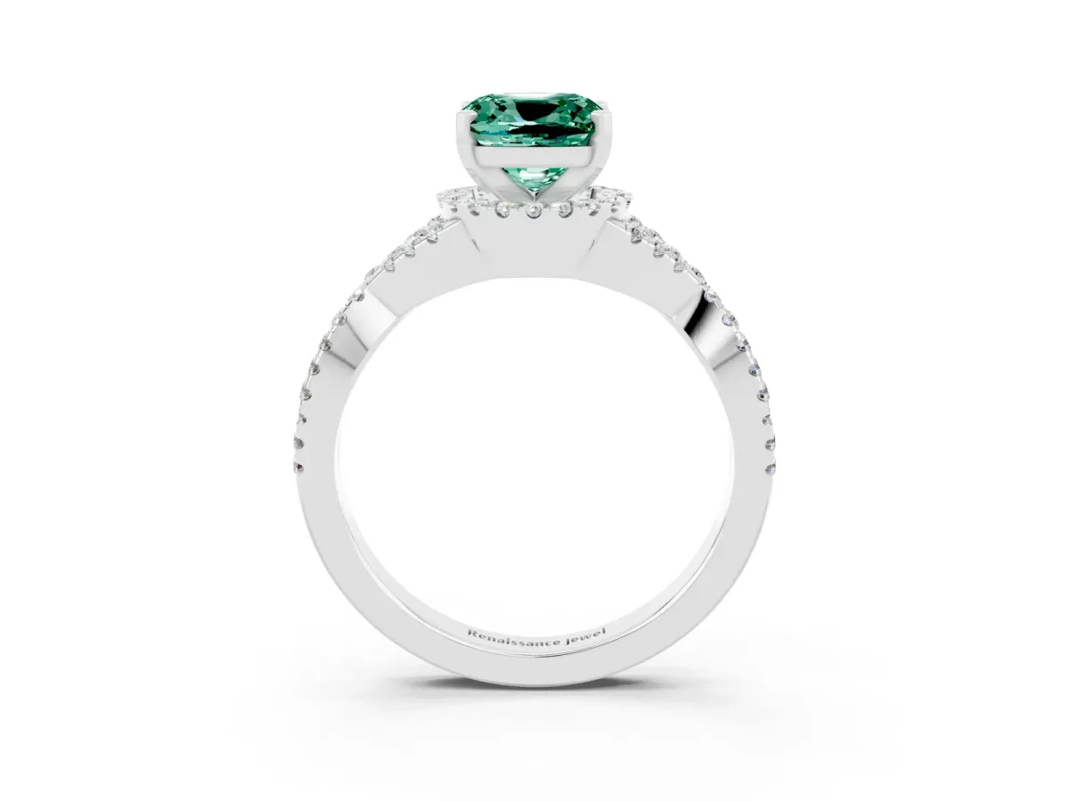 Cushion Cut Green Sapphire Halo Twist Band Solitaire Prong Setting Ring White gold