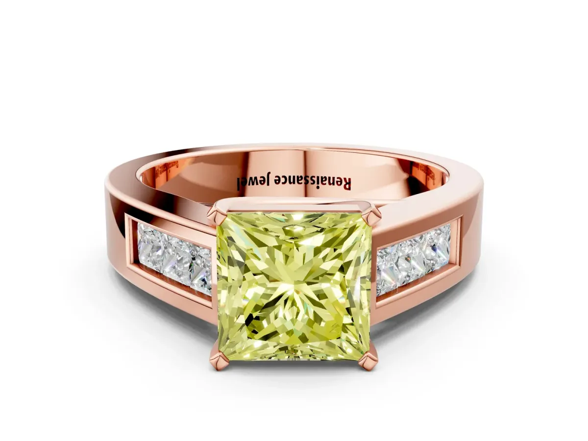 Fancy Yellow Princess Cut Cut Channel Set Solitaire Ring with Four-Prong Setting Rose gold