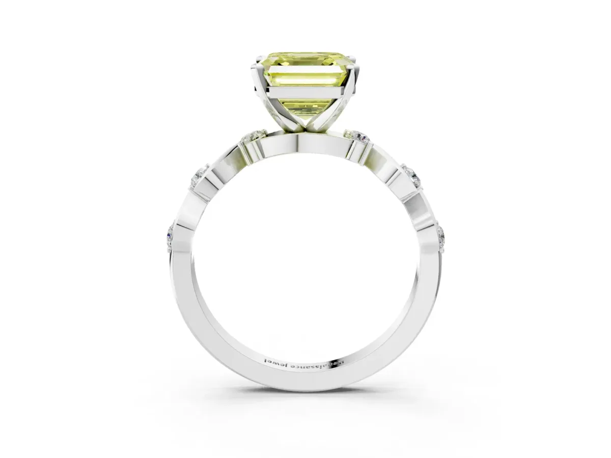 Fancy Yellow Asscher Cut Diamond Solitaire Twisted Band with Round Accents and Prong Setting White gold