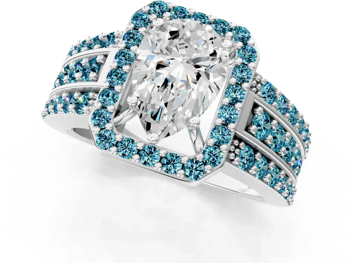 Pear Cut Halo Diamond Ring with Round Blue Topaz Split Shank and Prong Setting Platinum