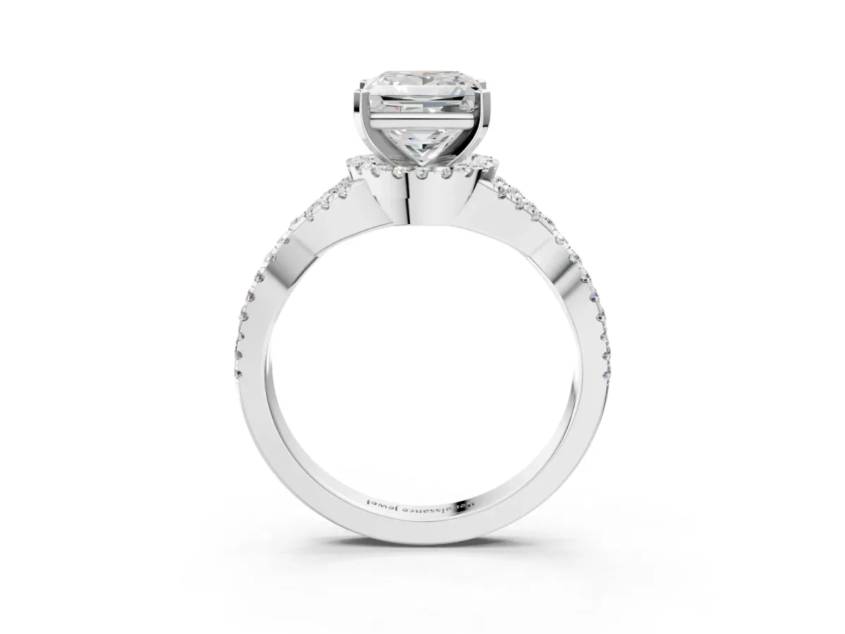 Princess Cut Diamond Moissanite Halo Twist Band Solitaire Prong Setting Ring White gold