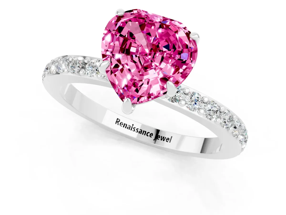 Heart Cut Pink Sapphire Solitaire Engagement Ring with Pavé Band and Four-Prong Setting White gold