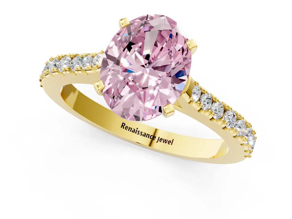 Fancy Pink Oval Cut Cut Solitaire Diamond Engagement Ring with Pave Band and Four-Prong Setting Yellow gold