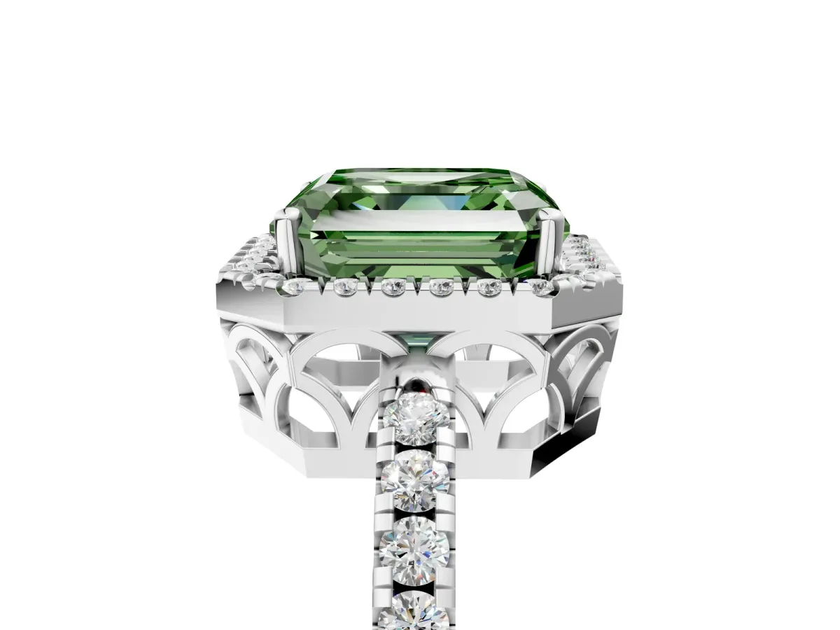 Fancy Green Asscher Cut Halo Diamond Engagement Ring with Pavé Band and Four-Prong Setting Platinum