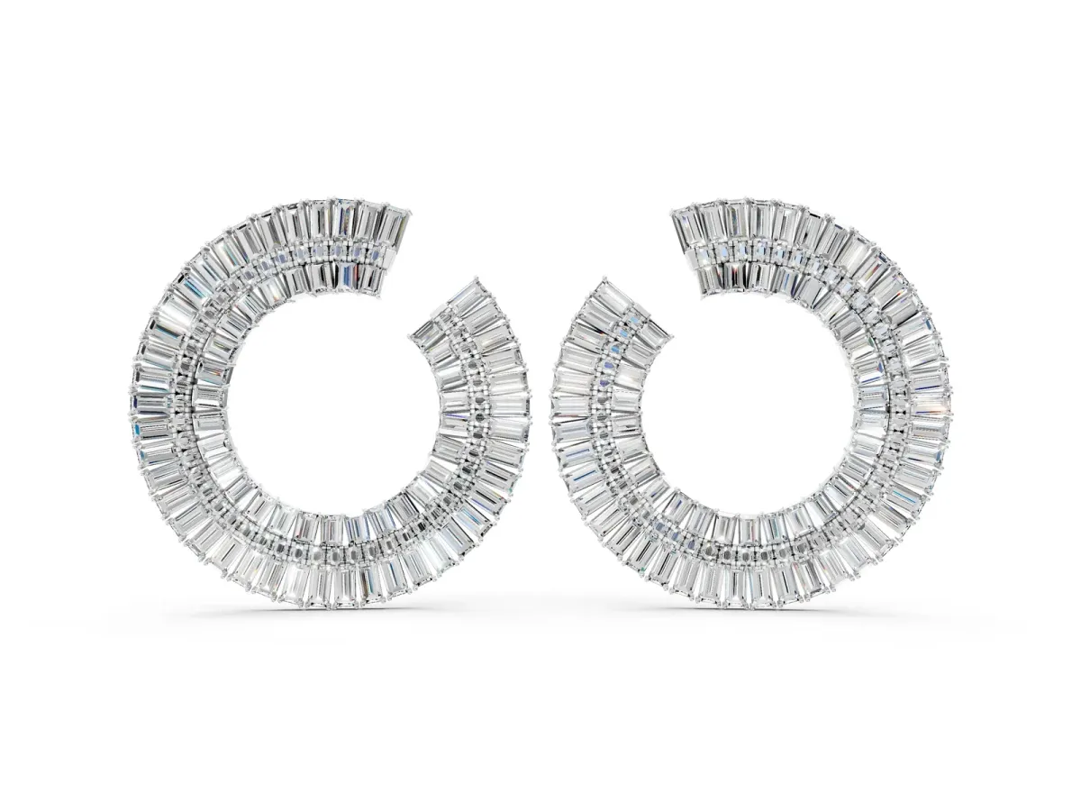 Baguette and Round Diamond Fanned Hoop Earrings White gold