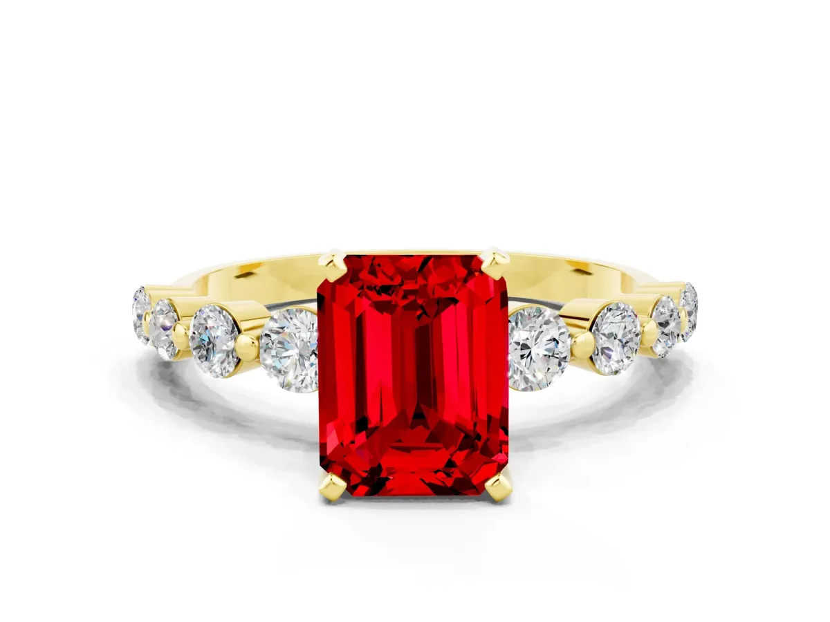 Emerald Cut Solitaire Ruby Ring with Pave Band and Four-Prong Setting Yellow gold