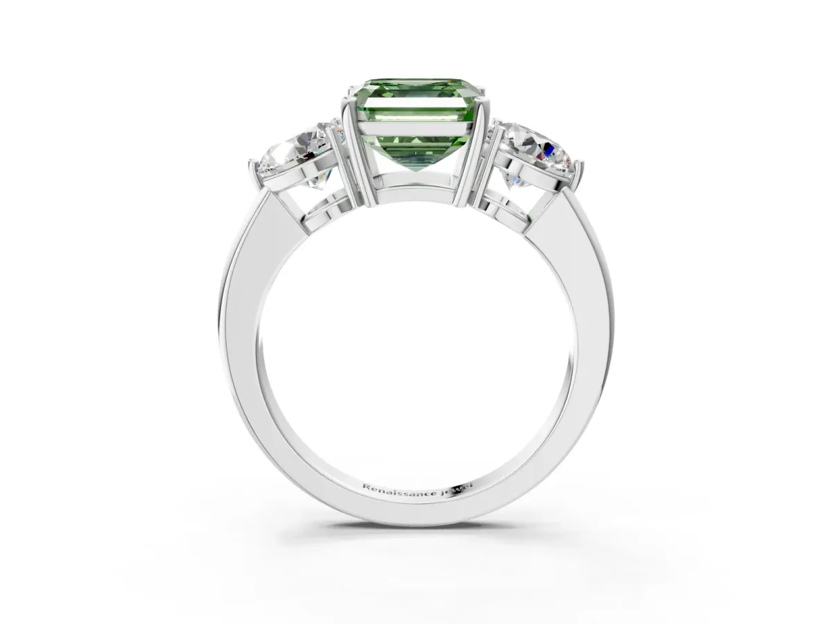 Fancy Green Asscher Cut Diamond Three-Stone Ring with Prong Setting and Classic Band Platinum